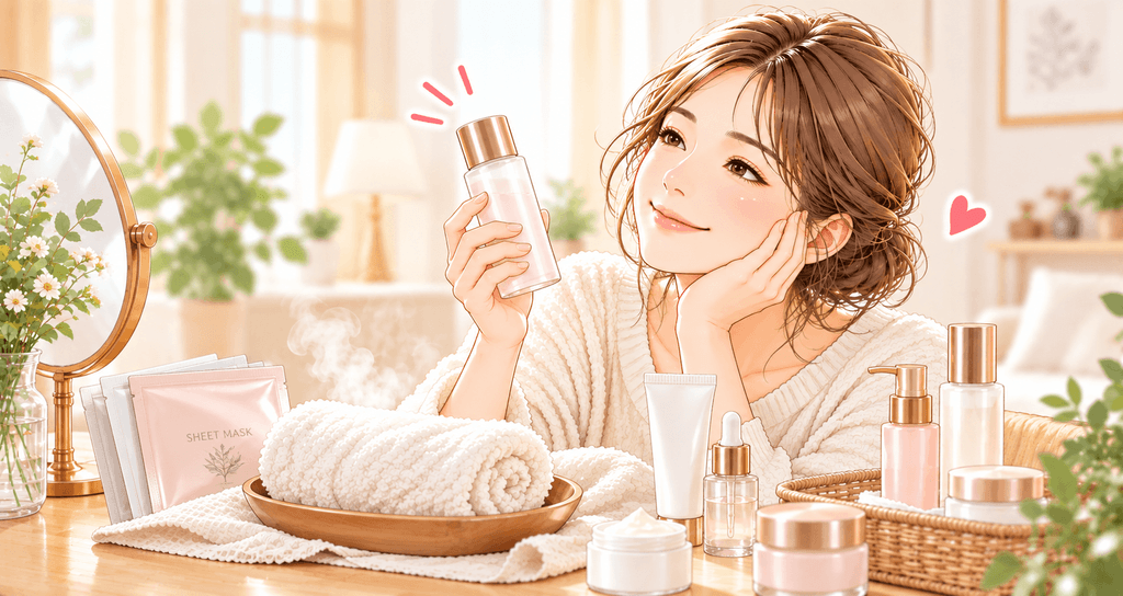 スキンケア選びを楽しんでいる女性（蒸しタオルとフェイスタオルもあり）