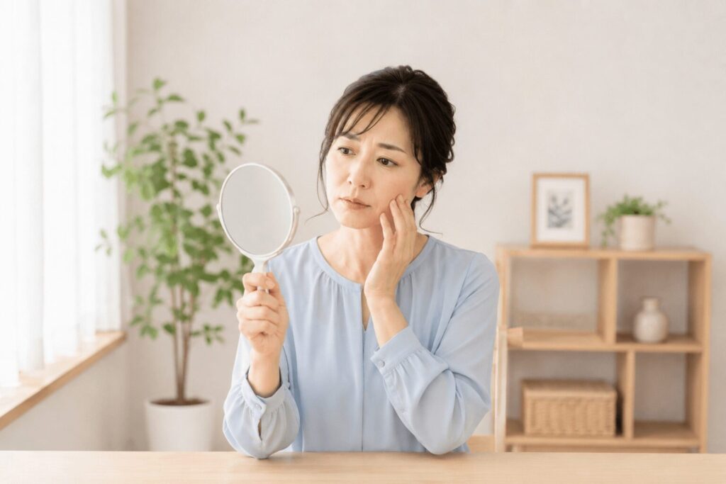 お肌の調子を様子見をしている女性