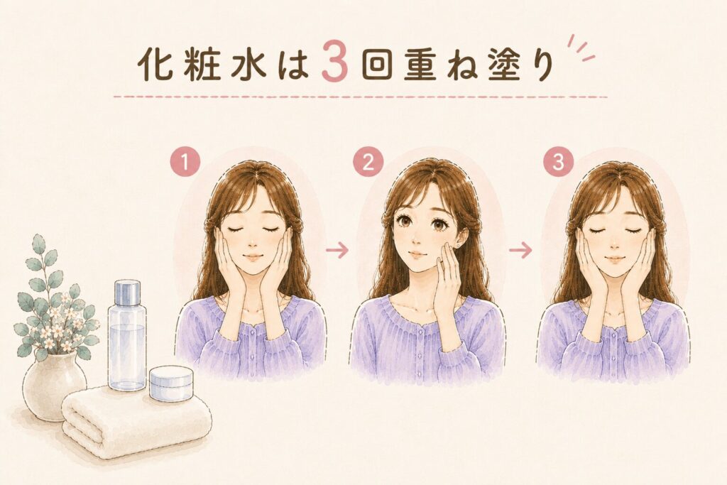 化粧水を重ねて塗っている女性