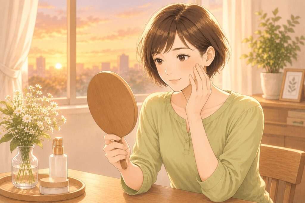 乾燥肌をチェックしている女性