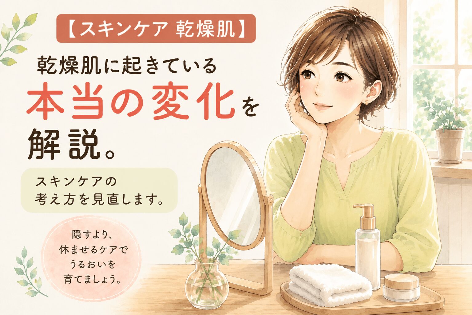 【乾燥肌】アイキャッチ　肌の変化にを気にしている女性