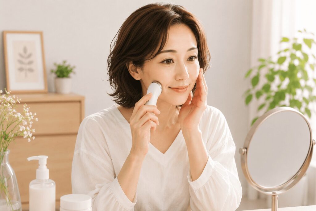 美顔器で肌をお手入れしている女性