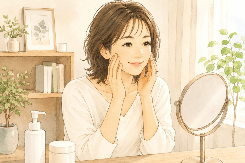 乳液を頬につけている女性