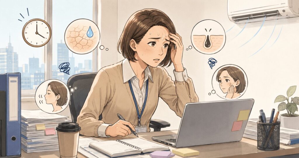 多忙でお化粧直しが出来ていない女性。