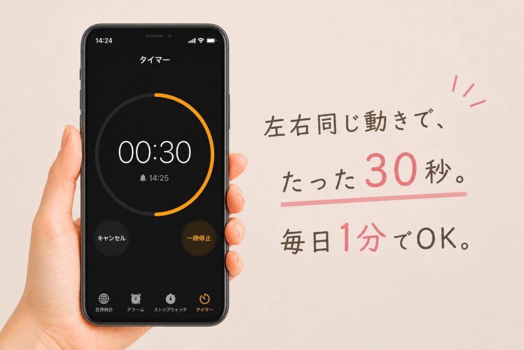 あご下のケアは左右30秒ずつで完了することを示すタイマー画面