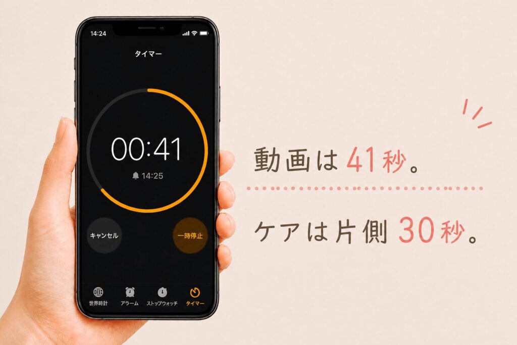 公式動画は41秒、ケアは片側30秒であることを示すタイマー画面