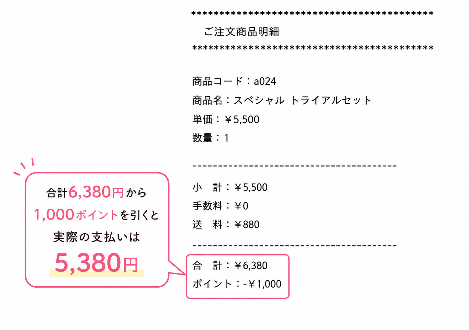 ジュランツの注文明細 合計6,380円から1,000ポイントを引いて実際の支払いは5,380円