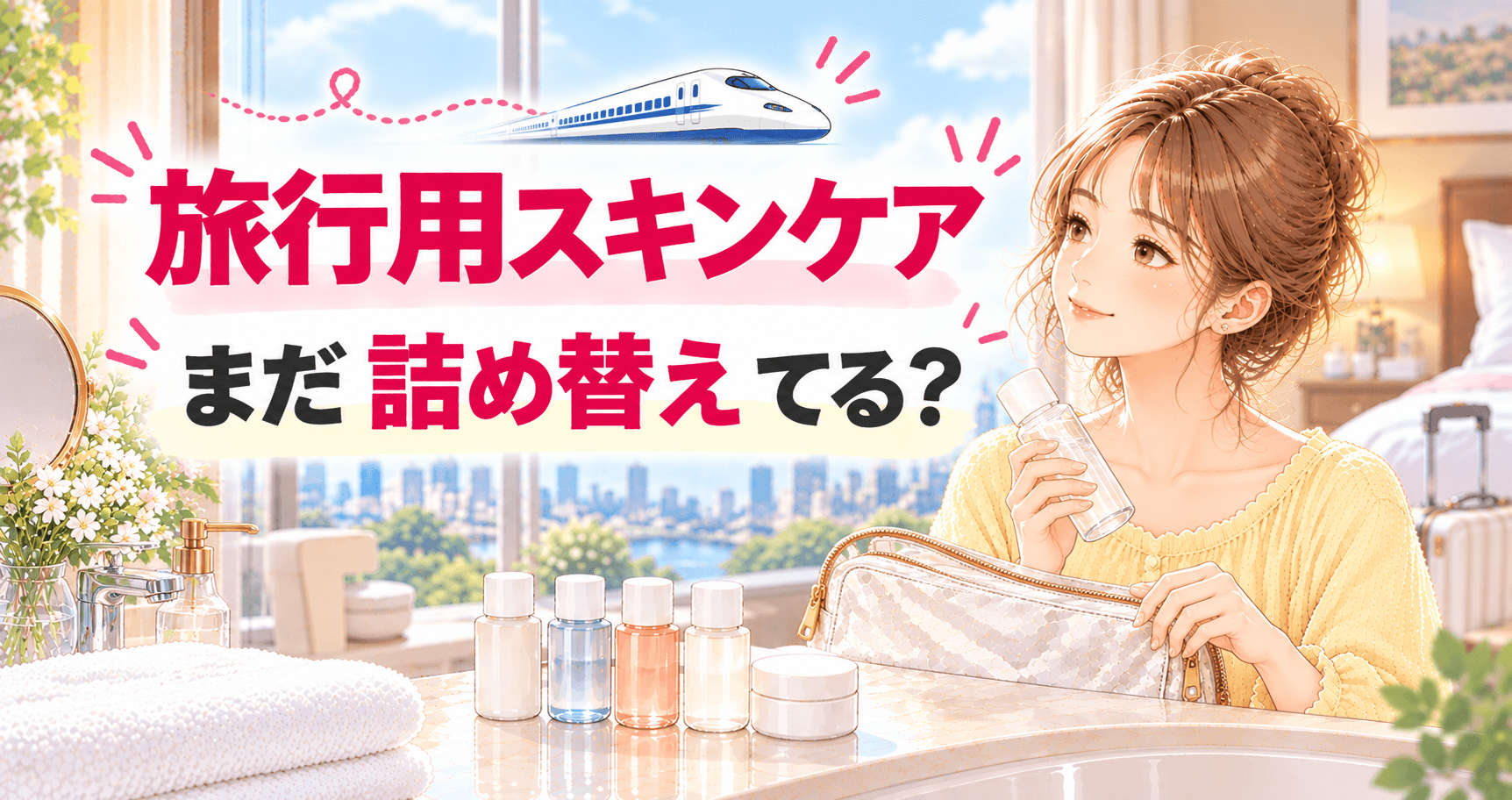 旅先のスキンケアを準備している女性